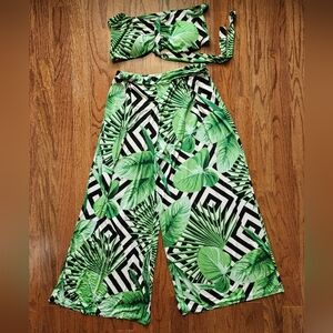 Women’s 2X Tropical Vacation Beach Green Wide Leg Pant 2-pc
